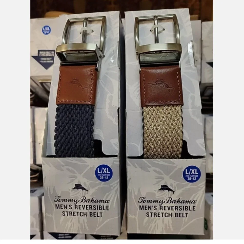Tommy Bahama Men's Braided  Reversible Stretch Belt  Navy/Khaki Size: L/XL 38-42